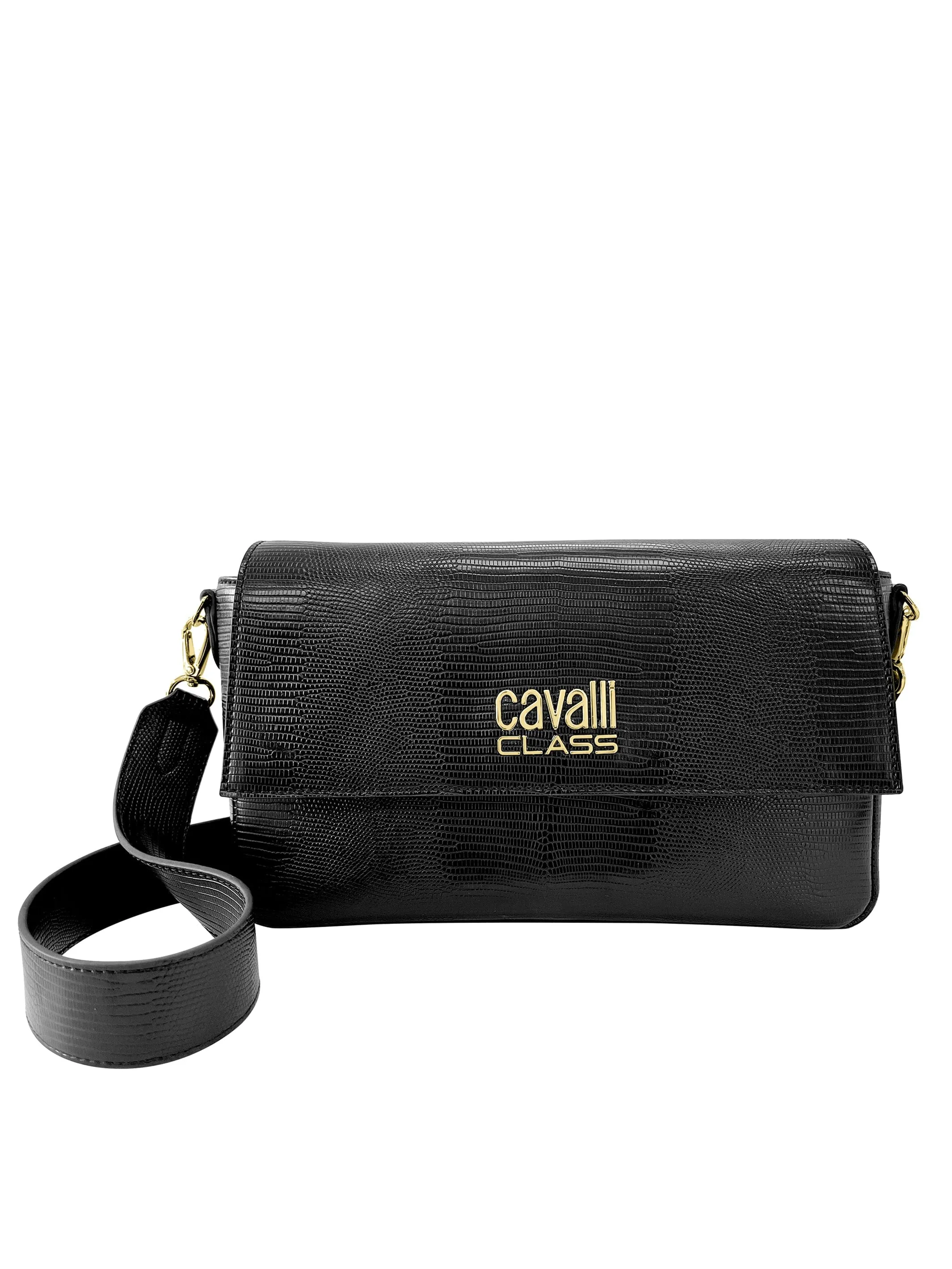 Cavalli Class CATANIA Black Snakeskin Textured Medium Crossbody Bag