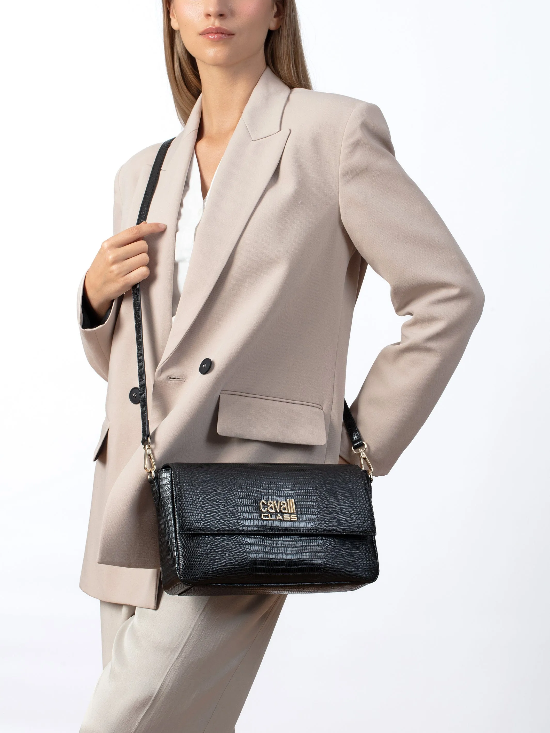 Cavalli Class CATANIA Black Snakeskin Textured Medium Crossbody Bag