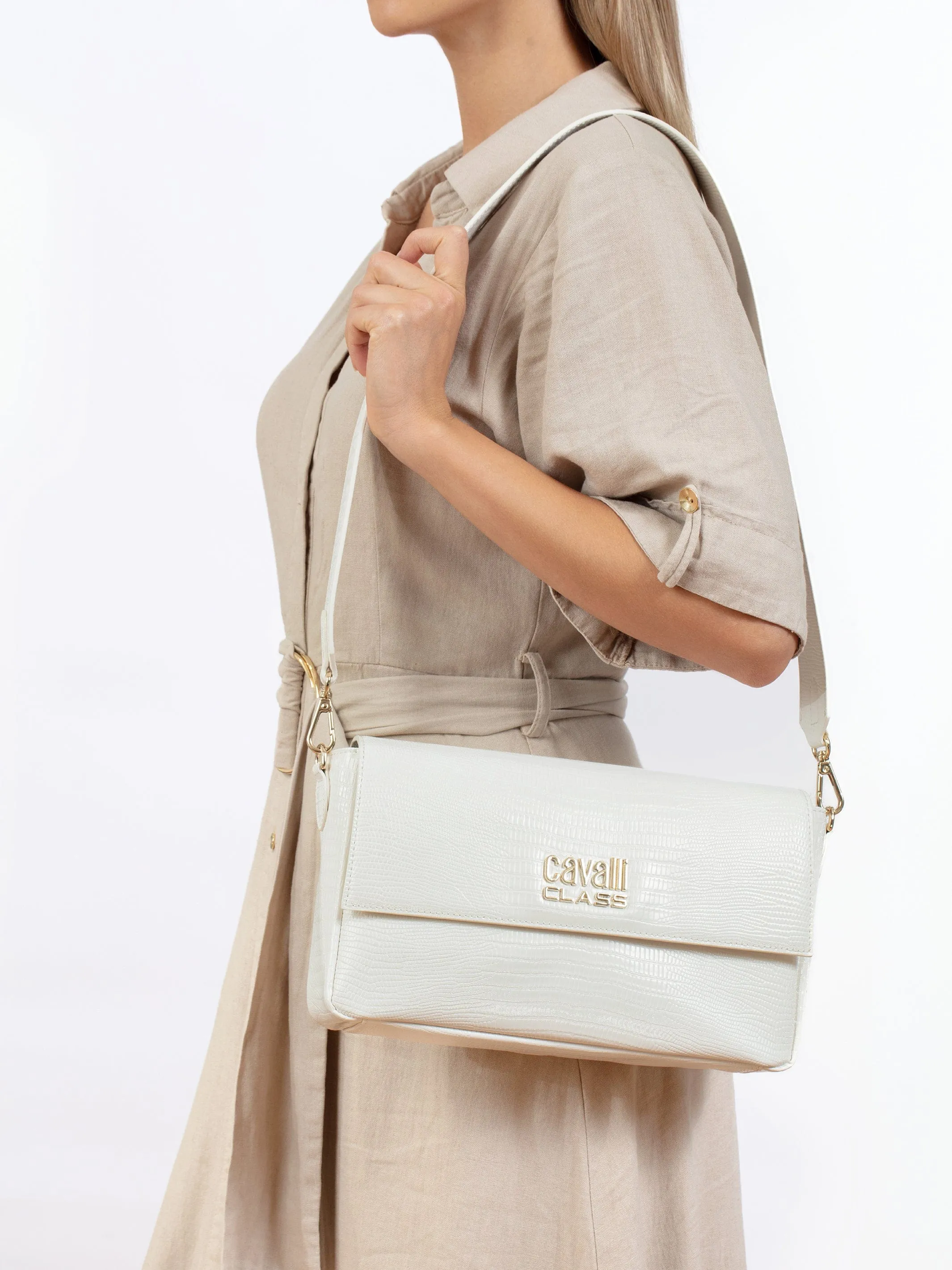 Cavalli Class CATANIA White Snakeskin Textured Medium Crossbody Bag