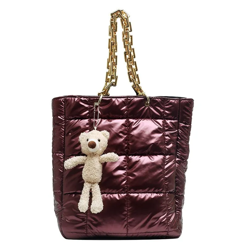 Christmas Gift Large Cotton Padded Women's Shoulder Bag Fashion Down Space Handbag Designer Big Acrylic Chains Tote Winter Quilting Shopper Bag
