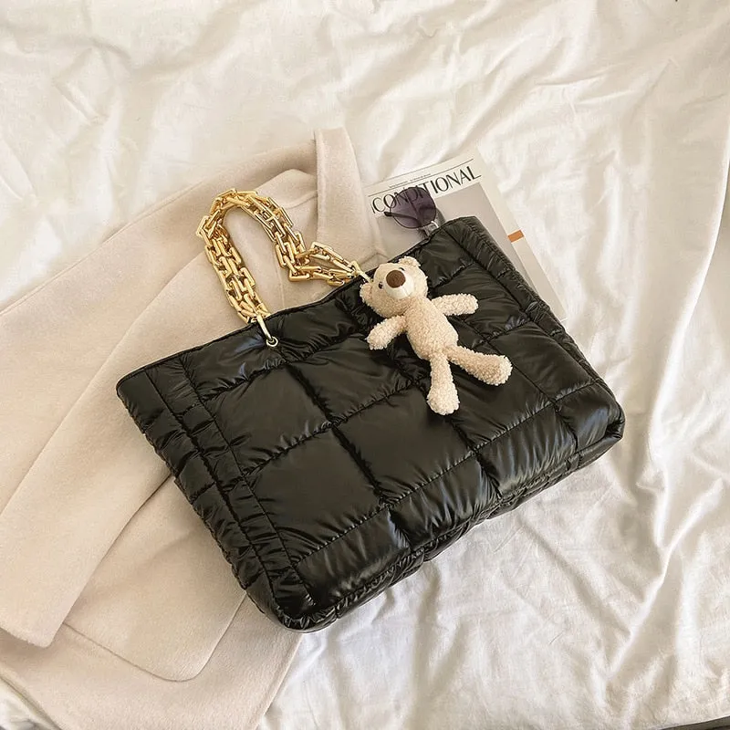Christmas Gift Large Cotton Padded Women's Shoulder Bag Fashion Down Space Handbag Designer Big Acrylic Chains Tote Winter Quilting Shopper Bag