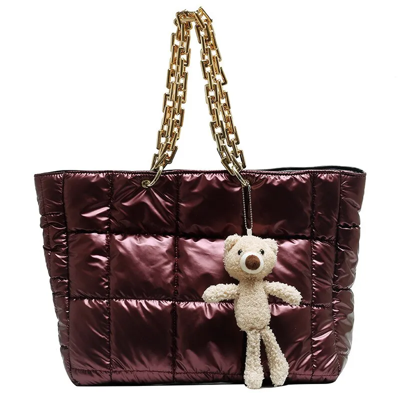 Christmas Gift Large Cotton Padded Women's Shoulder Bag Fashion Down Space Handbag Designer Big Acrylic Chains Tote Winter Quilting Shopper Bag