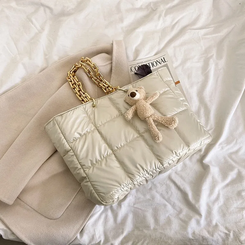 Christmas Gift Large Cotton Padded Women's Shoulder Bag Fashion Down Space Handbag Designer Big Acrylic Chains Tote Winter Quilting Shopper Bag