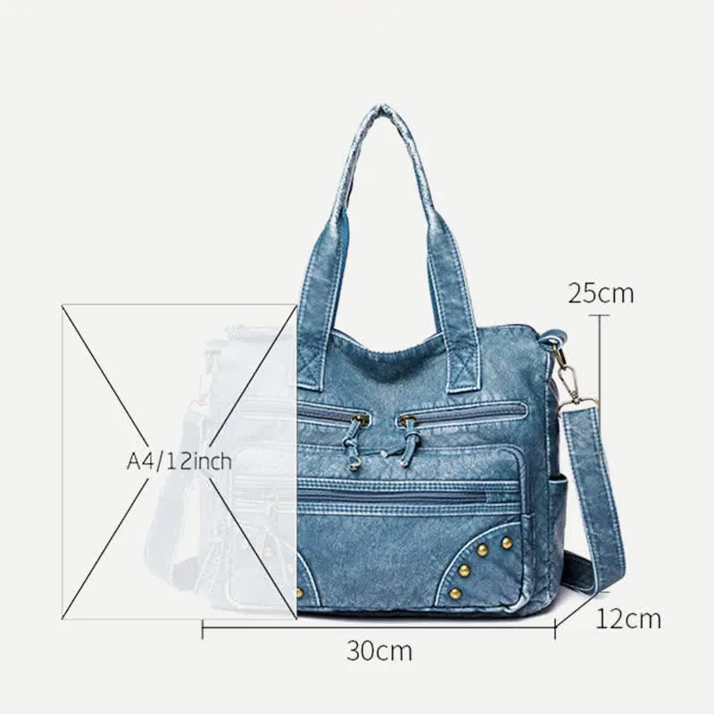 Denim Color Tote Handbags Big Capacity Faux Leather Shoulder Purse