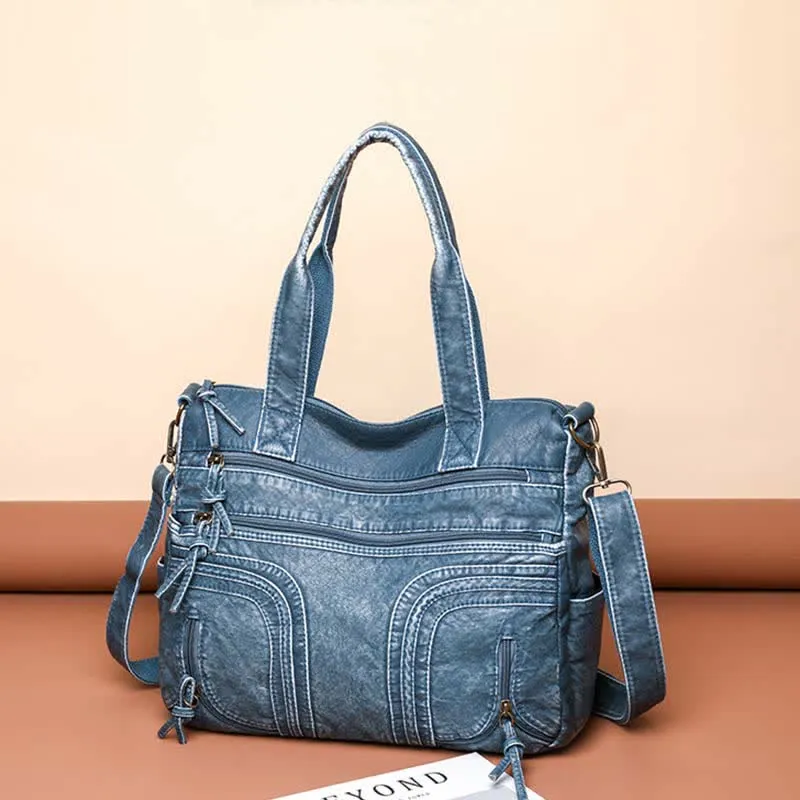 Denim Color Tote Handbags Big Capacity Faux Leather Shoulder Purse