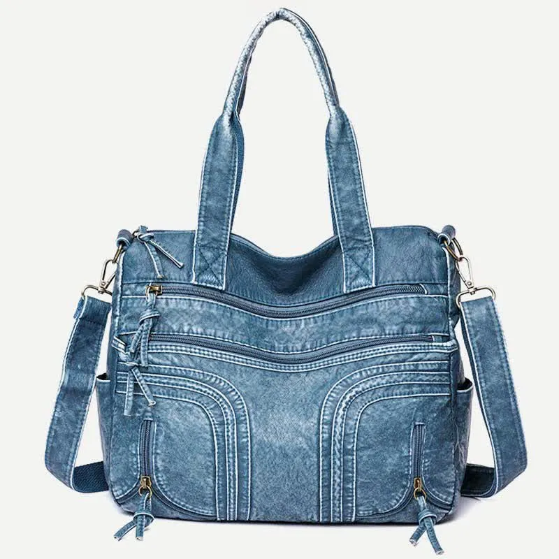 Denim Color Tote Handbags Big Capacity Faux Leather Shoulder Purse