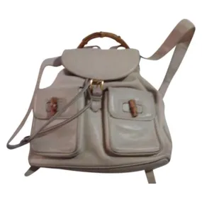 Gucci, white leather, larger size, two strap and bamboo handle, drawstring top, multi-pocket, messenger bag/backpack