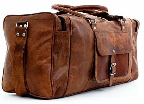Leather 24 Inch Square Duffel Travel Gym Sports Overnight Weekend Leather Bag