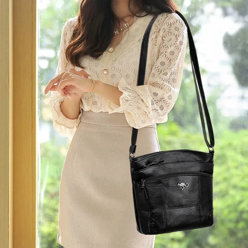 Minimalist Faux Leather Purse Triple Layer Vintage Women Crossbody Bag