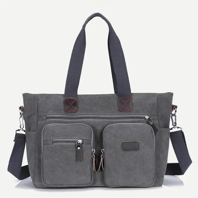 Multi-Pocket Tote Handbag for Women Men Retro Canvas Laptop Bag
