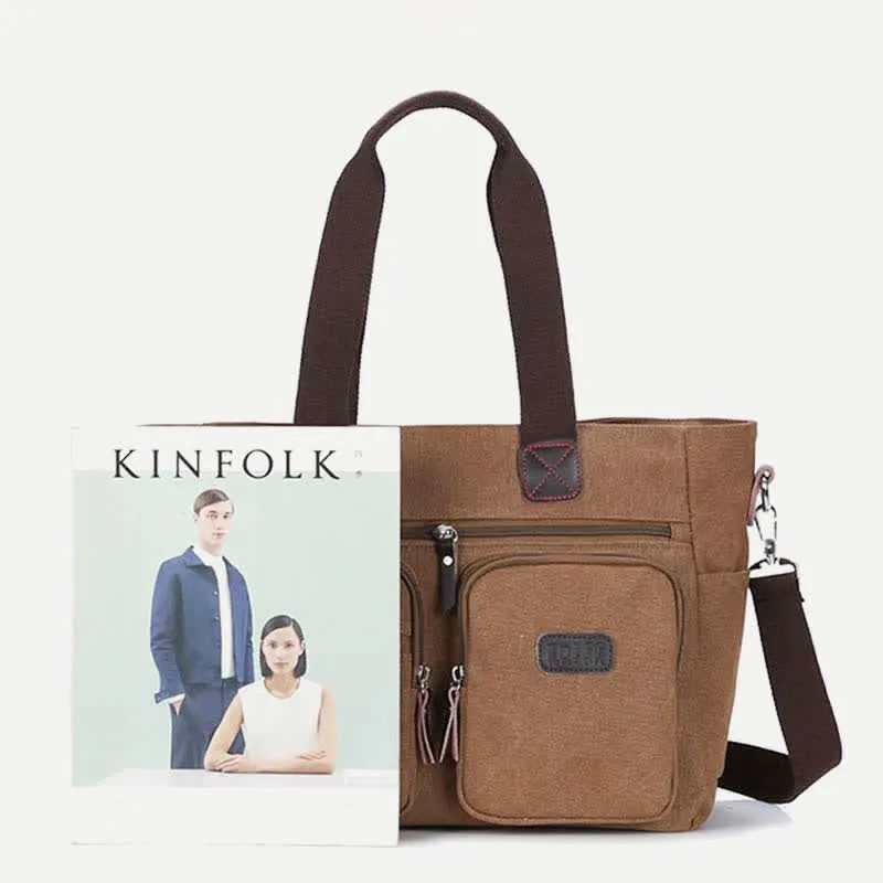 Multi-Pocket Tote Handbag for Women Men Retro Canvas Laptop Bag