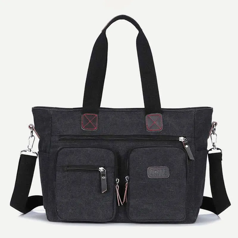 Multi-Pocket Tote Handbag for Women Men Retro Canvas Laptop Bag