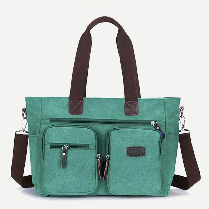 Multi-Pocket Tote Handbag for Women Men Retro Canvas Laptop Bag
