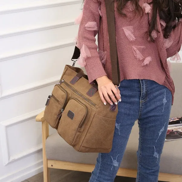 Multi-Pocket Tote Handbag for Women Men Retro Canvas Laptop Bag
