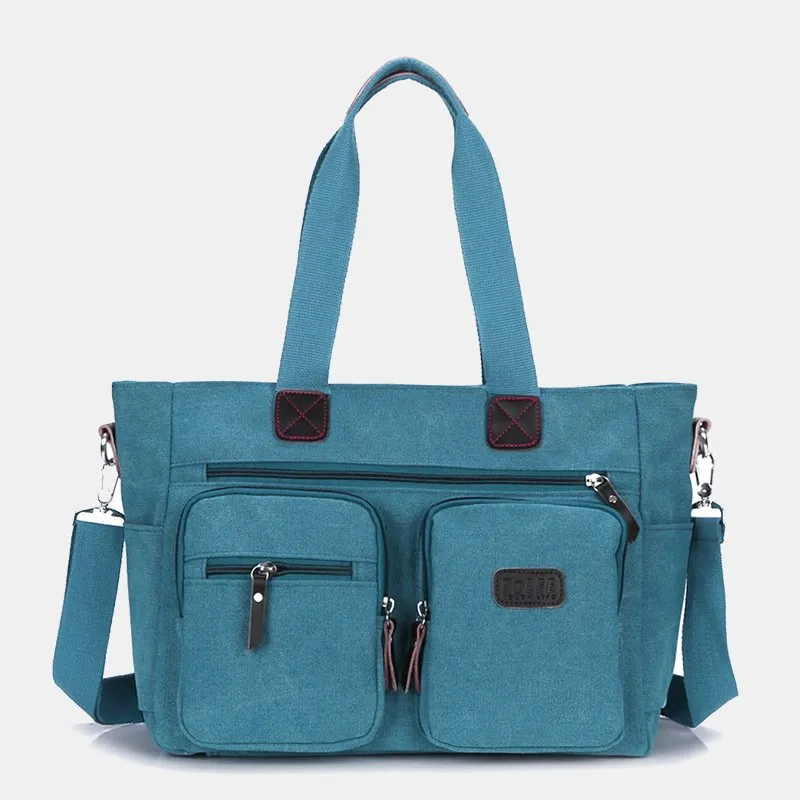 Multi-Pocket Tote Handbag for Women Men Retro Canvas Laptop Bag