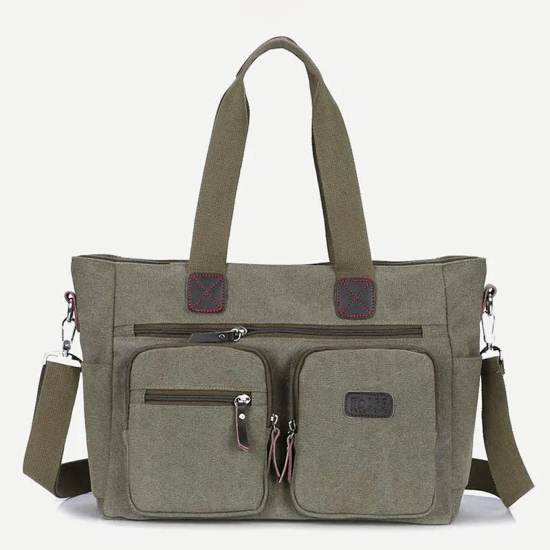 Multi-Pocket Tote Handbag for Women Men Retro Canvas Laptop Bag