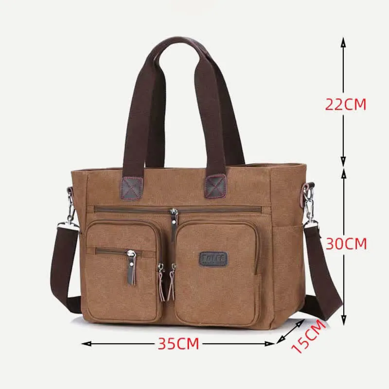 Multi-Pocket Tote Handbag for Women Men Retro Canvas Laptop Bag