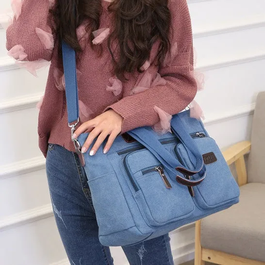 Multi-Pocket Tote Handbag for Women Men Retro Canvas Laptop Bag