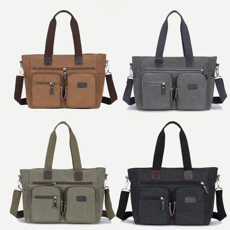 Multi-Pocket Tote Handbag for Women Men Retro Canvas Laptop Bag