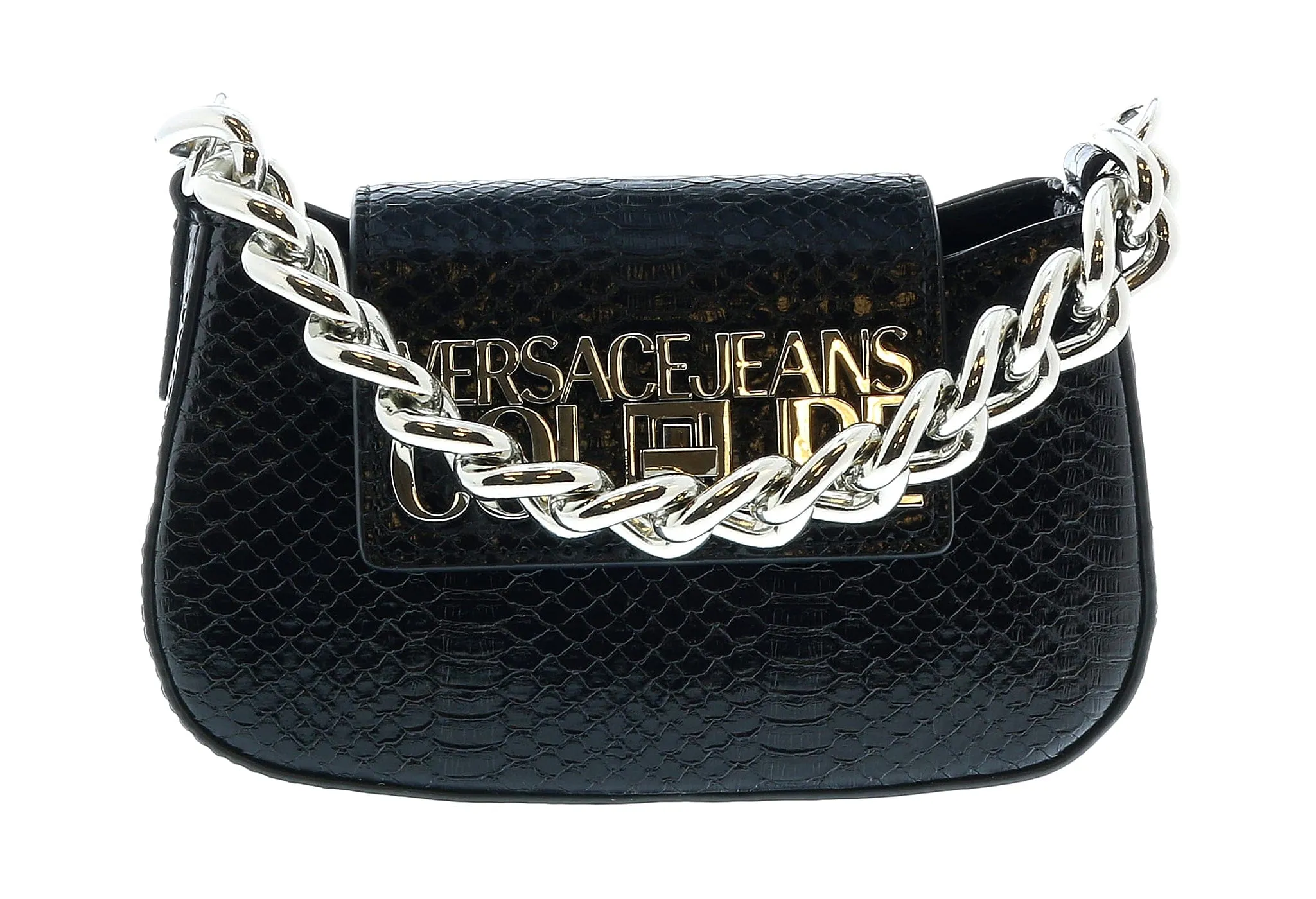 Versace Jeans Couture Black Structured Snake Skin Embossed Hobo Medium Crossbody bag