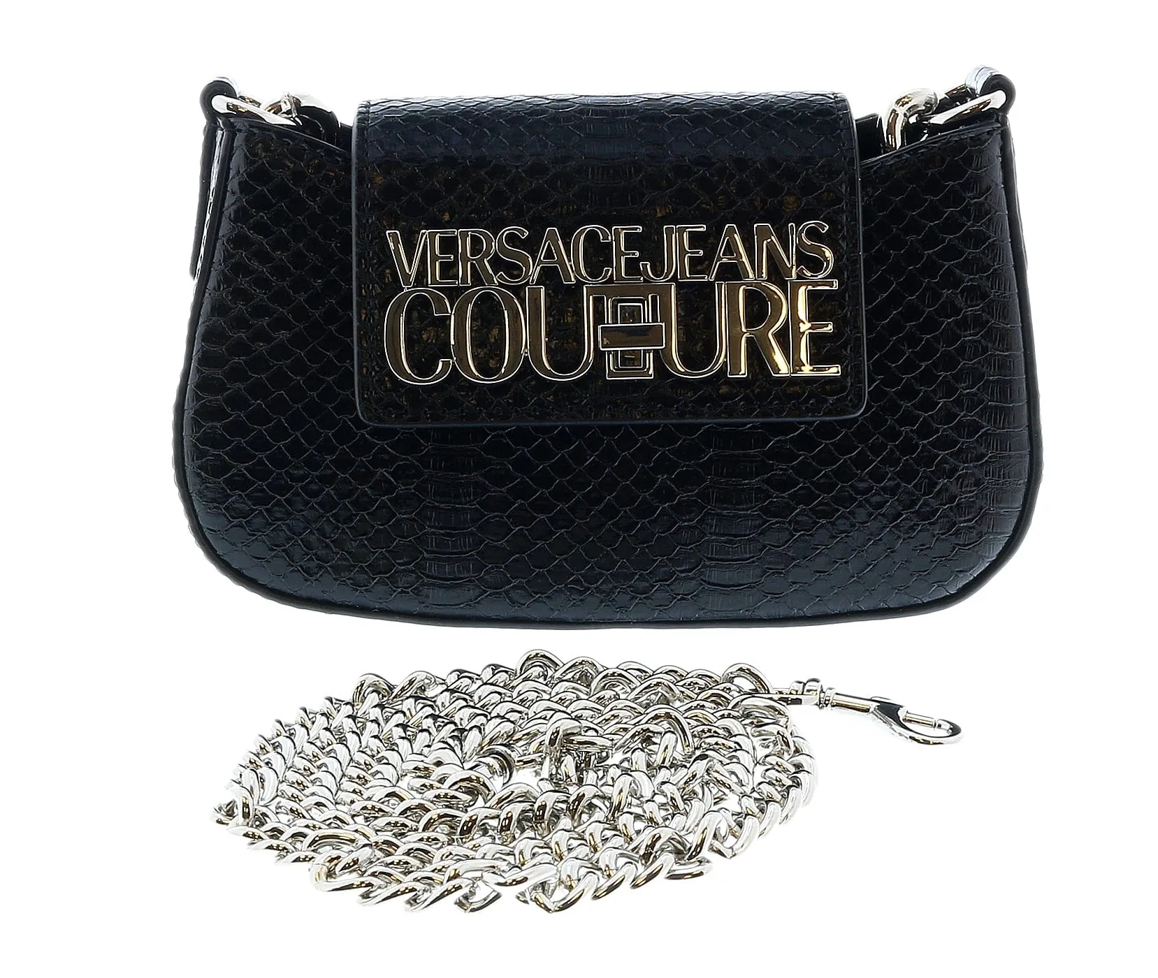 Versace Jeans Couture Black Structured Snake Skin Embossed Hobo Medium Crossbody bag