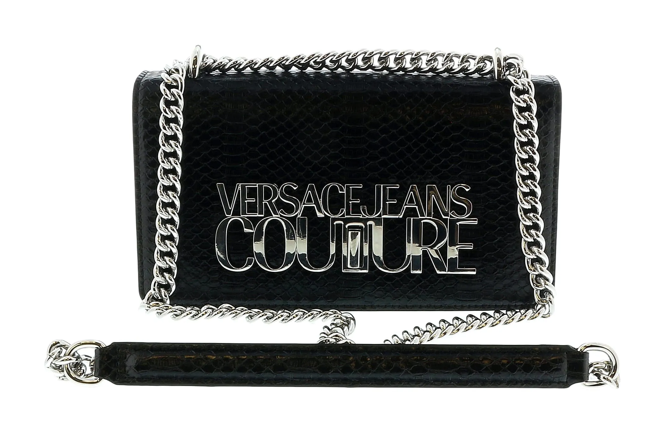 Versace Jeans Couture Black Structured Snake Skin Embossed Medium Crossbody bag